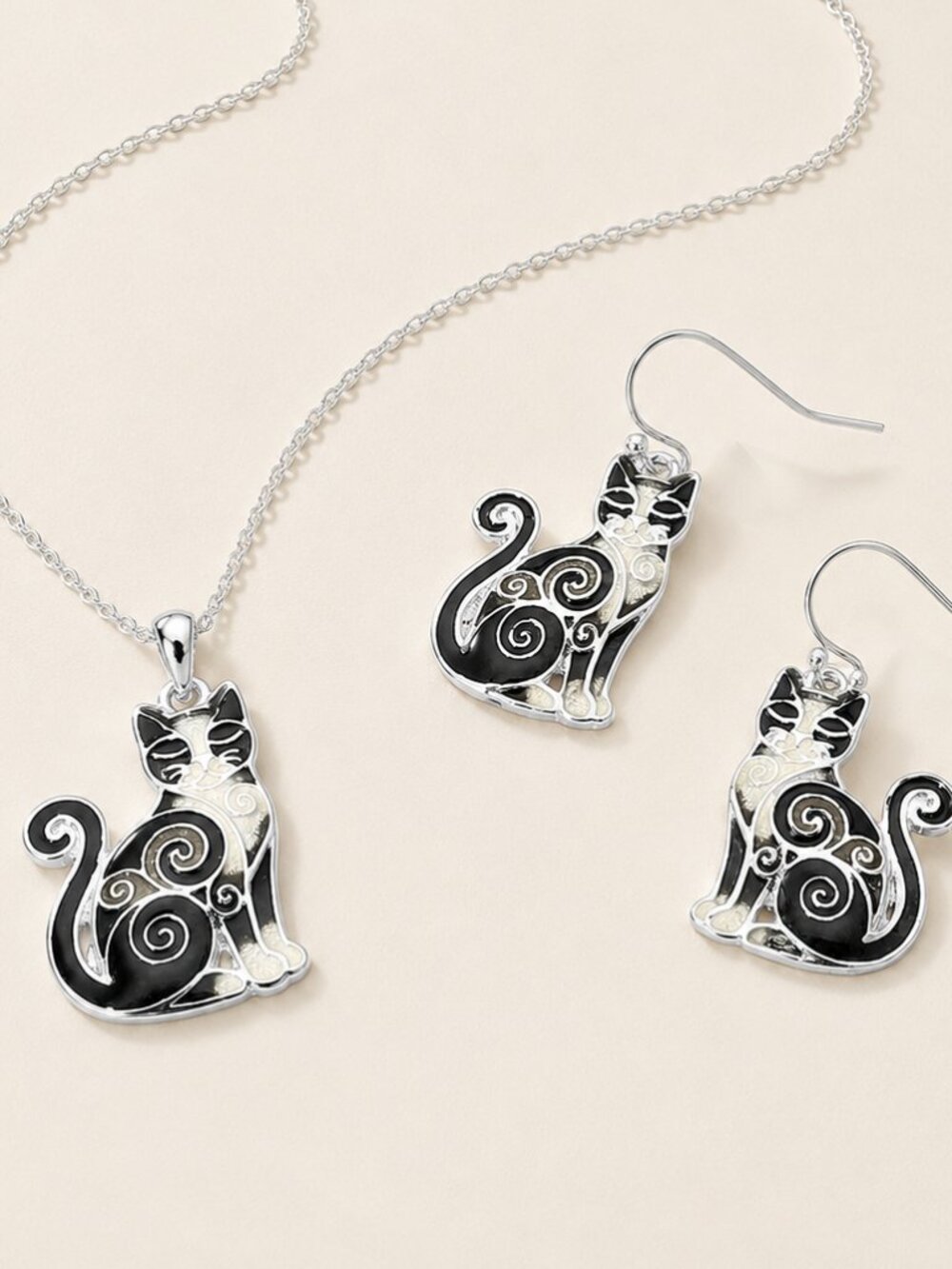 Enamel Painted Cat Silver Chain Pendant Necklace & Earrings Bundle